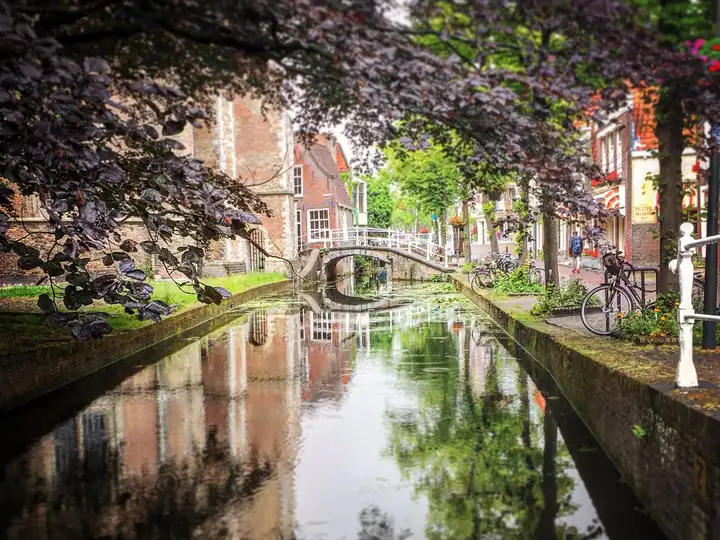 A tree-lined canal in Delft with a white footbridge and bicycles