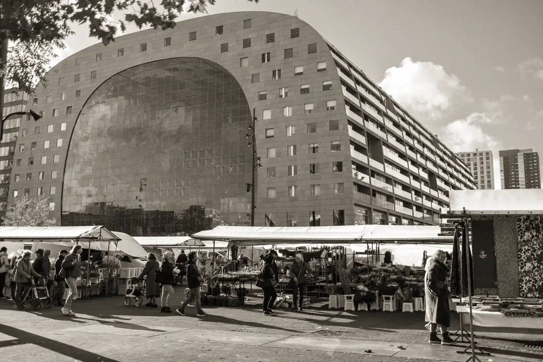The street market in front of Rotterdam's Markthal on a busy day